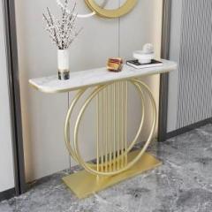 Ind Quality Gold and White Circular Console Accent Table, Metal Frame Steel Console Table