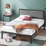 Jeometri Manila Metal Platform Bed Frame With Upholstered Headboard / Wood Slat Support Metal King Bed