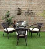 Jiomee Furniture Outdoor Indoor Rattan Wicker 4 Seater Patio Dining Set With Glass Top Table Metal 4 Seater Dining Set