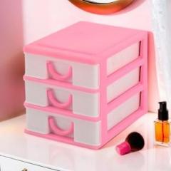 Kuber Industries 3 Layer Plastic Drawer Storage Organizer For Beauty Products | White & Pink Plastic Free Standing Cabinet