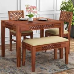 Loonart Solid Sheesham Wood Four Seater Dining Set CNC Design For Dining Room, Caf . Solid Wood 4 Seater Dining Set