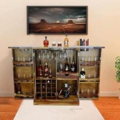 Meera Handicraft Wooden Stylish Brown Bar Cabinet With Wine Glass Storage | Teak Finish Solid Wood Bar Cabinet