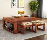 Pandit Wooden Art sheesham wood center table coffee table with 4 stools wooden coffee table Solid Wood Coffee Table