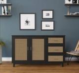 Planko Solid Wood Living Room Cabinet | Beautiful Cane Inlay | Jet Black Color Solid Wood Free Standing Cabinet