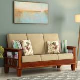 Pr Furniture Premium Quality Sheesham Wood For Living Room |Cushion : Cream Fabric 3 Seater Sofa