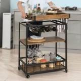 Priti Haotian Bar Serving Cart Home Myra Rustic Mobile Kitchen Serving Cart, Industrial Vintage Style Wood Metal Serving Trolley Engineered Wood Bar Trolley