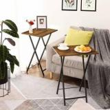 Priti Set Of 2 Snack Tables, Industrial Side Tables For Small Spaces, Folds For Easy Storage, Stable Metal Frame And Easy Assembly, Rustic Brown Engineered Wood End Table