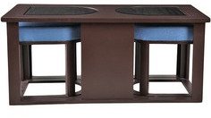 Purple Heart Attractive Coffee Table With Blue Cushioned Stools