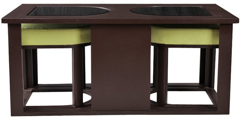 Purple Heart Attractive Coffee Table with Green Cushioned Stools