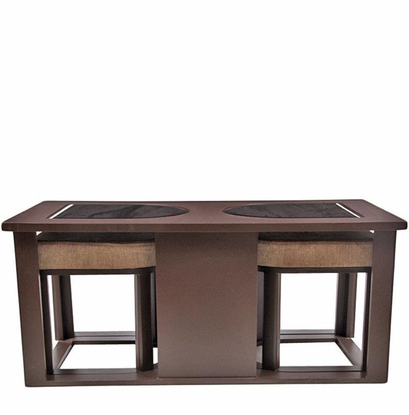 Purple Heart Attractive Coffee Table with Jute Cushioned Stools