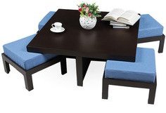 Purple Heart Trendy Coffee Table With Four Blue Cushioned Stools