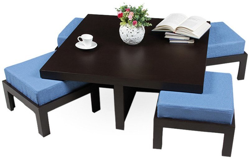 Purple Heart Trendy Coffee Table with Four Blue Cushioned Stools