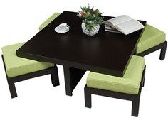 Purple Heart Trendy Coffee Table With Four Green Cushioned Stools