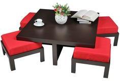 Purple Heart Trendy Coffee Table With Four Red Cushioned Stools