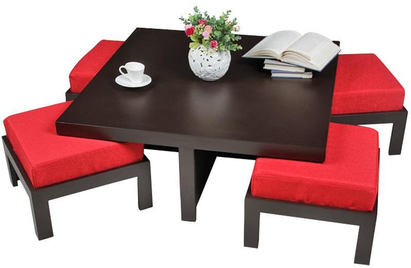 Purple Heart Trendy Coffee Table with Four Red Cushioned Stools