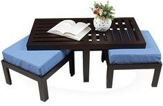 Purple Heart Trendy Coffee Table With Two Blue Cushioned Stools