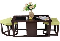 Purple Heart Trendy Coffee Table With Two Green Cushioned Stools