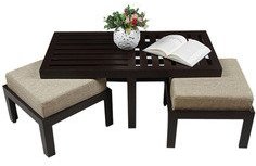 Purple Heart Trendy Coffee Table With Two Jute Cushioned Stools