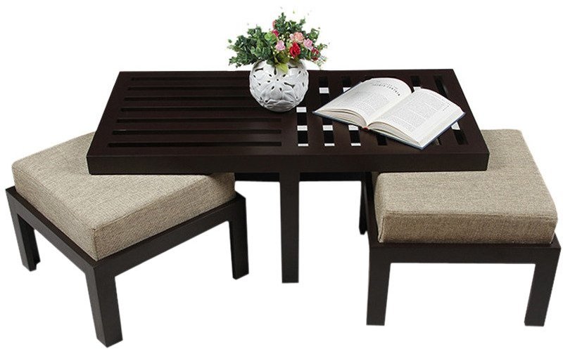 Purple Heart Trendy Coffee Table with Two Jute Cushioned Stools