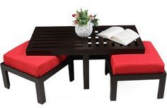 Purple Heart Trendy Coffee Table With Two Red Cushioned Stools