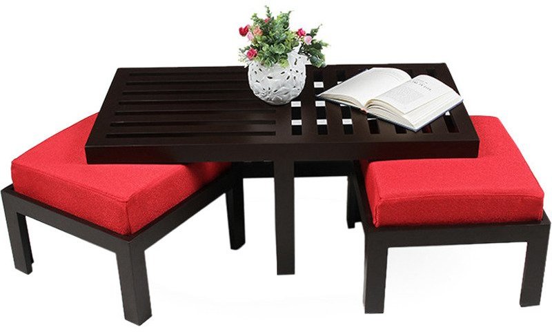 Purple Heart Trendy Coffee Table with Two Red Cushioned Stools