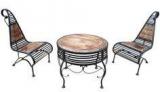 Saaga Mango Wood & Wrought Iron Round Coffee Table Set With Two Chairs