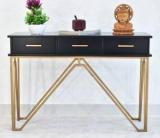 Samdecors 3 Drawer CASINO Console Hall Table Black With Golden Finish Iron Frame Solid Wood Console Table