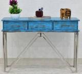 Samdecors 3 Drawer CASINO Console Hall Table Rustic Distressed Blue With Silver Finish Stainless Steel Frame Solid Wood Console Table