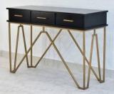 Samdecors 3 Drawer Hall Table Black With Golden Finish Iron Frame Solid Wood Console Table