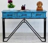 Samdecors Solid Wood 3 Drawer CASINO Console Hall Table Rustic Distressed Blue With Black Finish Iron Frame Solid Wood Console Table