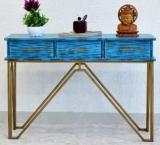 Samdecors Solid Wood 3 Drawer CASINO Console Hall Table Rustic Distressed Blue With Golden Finish Iron Frame Solid Wood Console Table