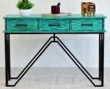 Samdecors Solid Wood 3 Drawer CASINO Console Hall Table Rustic Distressed Green With Black Finish Iron Frame Solid Wood Console Table