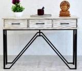 Samdecors Solid Wood 3 Drawer CASINO Console Hall Table Rustic Distressed White With Black Finish Iron Frame Solid Wood Console Table