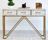 Samdecors Solid Wood 3 Drawer CASINO Console Hall Table Rustic Distressed White With Golden Finish Iron Frame Solid Wood Console Table