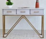 Samdecors Solid Wood 3 Drawer CASINO Console Hall Table White with golden Finish Iron Frame Solid Wood Console Table