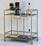 Samdecors Solid Wood Kelly Multipurpose Bar Trolley with Wheels with Two Shelves in Black Finish and Iron Frame in Golden Finish Solid Wood Bar Trolley