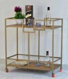 Samdecors Solid Wood Kelly Multipurpose Bar Trolley with Wheels with Two Shelves in Natural Brown Finish and Iron Frame in Golden Finish Solid Wood Bar Trolley