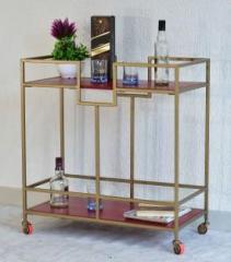 Samdecors Solid Wood Kelly Multipurpose Bar Trolley with Wheels with Two Shelves in Red Finish and Iron Frame in Golden Finish Solid Wood Bar Trolley