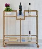 Samdecors Solid Wood Kelly Multipurpose Bar Trolley with Wheels with Two Shelves in White Finish and Iron Frame in Golden Finish Solid Wood Bar Trolley