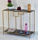 Samdecors Solid Wood Kenny Multipurpose Console Hall Table with Two Shelves in Black Finish and Iron Frame in Golden Finish Solid Wood Console Table