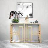 Shfamily White Luxury Stone Narrow Console Table Rectangle Gold Finish Stone Side Table