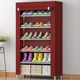 Shyam Ji 6 Tiers Shoe Rack Portable Folding Storage Rack Organizer Dustproof Cover Maroon Carbon Steel Collapsible Wardrobe