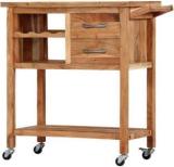 Smaart Craafts Acacia Wood Multipurpose Bar Trolley With Wheels, 2 Drawers & 3 Shelves Solid Wood Bar Trolley