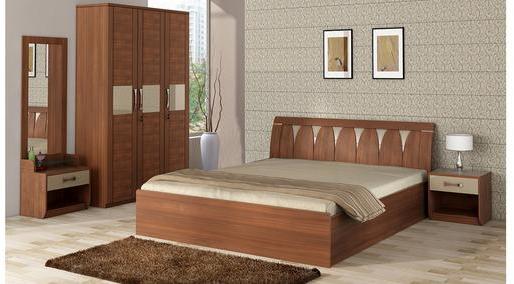 Spacewood Kosmo Lotus Queen Size Bed With Hydraulic Storage In Rigato Walnut & Beige Colour