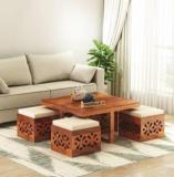 Thanglala Amber 4 Seater Coffee Table with 4 Stool Solid Wood Coffee Table