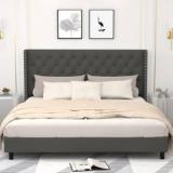 The Porto Fabric King Size Bed With Button Tufted & Diamond Line Headboard For Bedroom || Engineered Wood King Bed