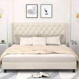 The Porto Fabric Queen Size Bed With Button Tufted & Diamond Line Headboard For Bedroom || Engineered Wood Queen Bed