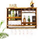 Timberly Sheesham Wood Wall Mounted Wine Rack, Bar Cabinet With Glass Storage 37x24 Inch Solid Wood Bar Cabinet