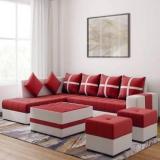 Torque Jamestown L Shape LHS Set With Center Table And Puffy Fabric 3 + 2 + 1 + 1 Red Sofa Set