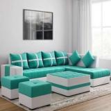 Torque Jamestown L Shape RHS Set With Centre Table And Puffy Fabric 3 + 2 + 1 + 1 Aqua Blue Sofa Set